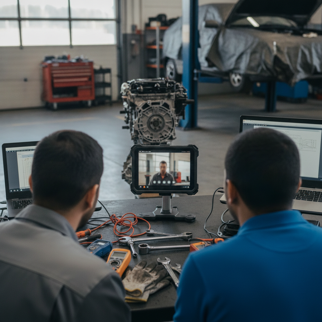 Create a realistic, professional service-business photograph showing Virtual Auto Repair Consultation from behind, with the backs of their heads visible. Do not show any faces, facial features, front-facing views or side views, profiles, or