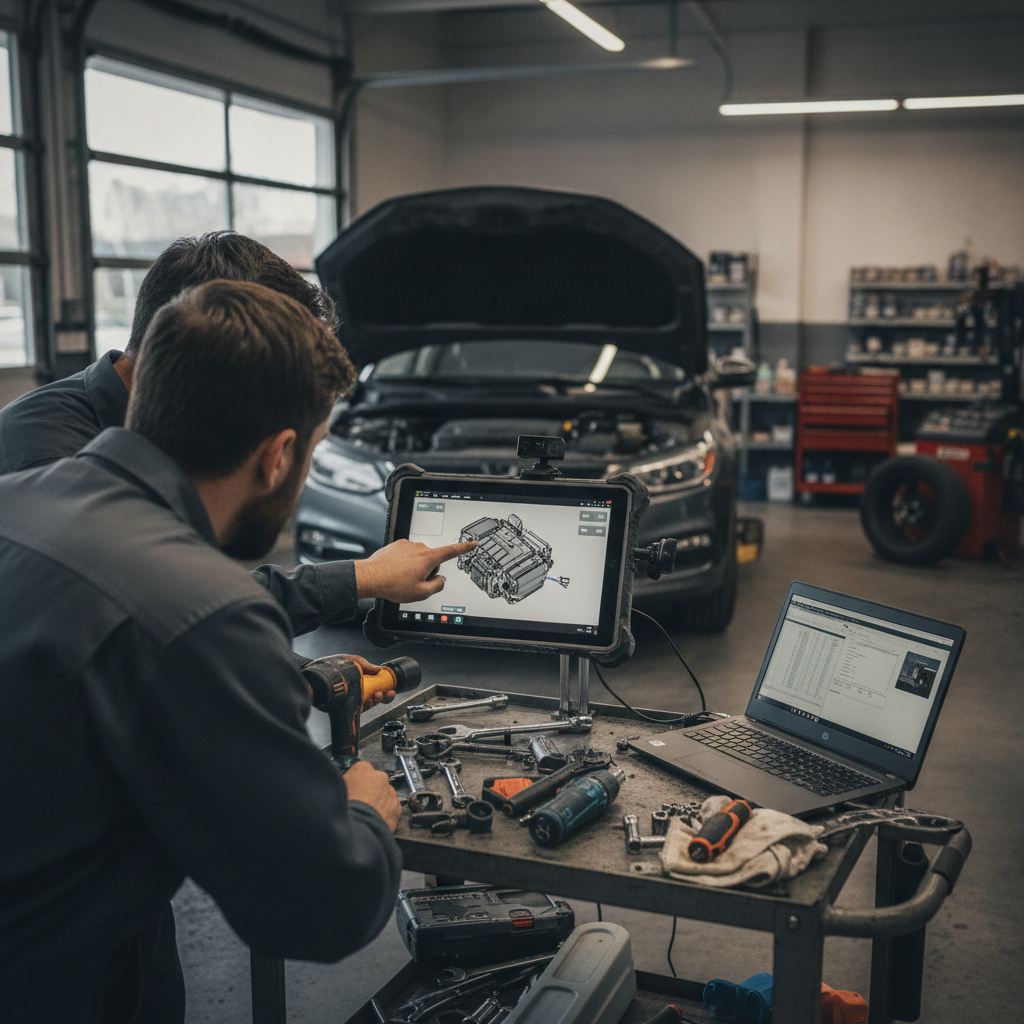 Create a realistic, professional service-business photograph showing Virtual Auto Repair Consultation from behind, with the backs of their heads visible. Do not show any faces, facial features, front-facing views or side views, profiles, or